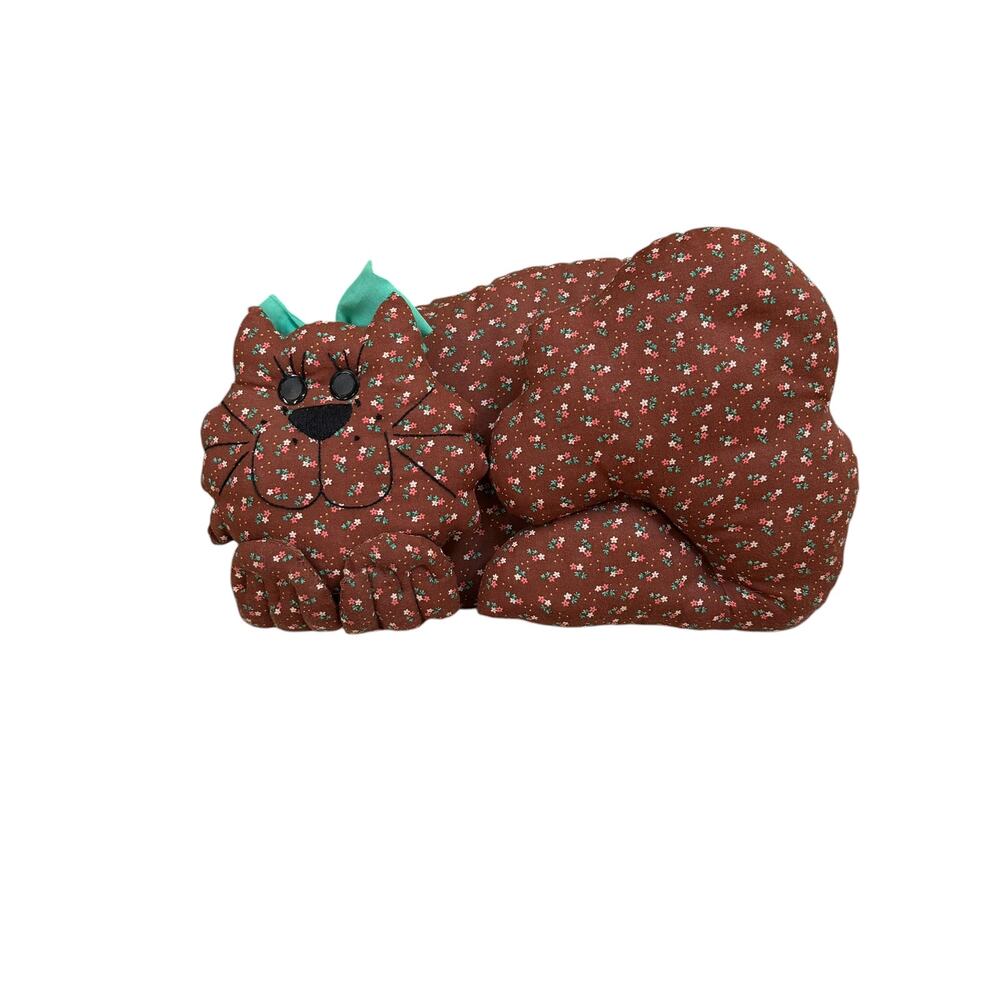 Handmade Cat Pillow Plush Calico Floral Brown Calico Fabric Shelf Sitter Retro